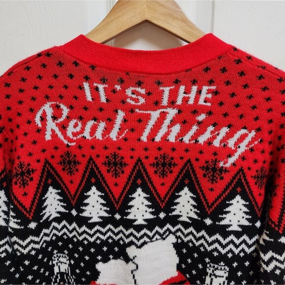 Coca Cola Cardigan Sweater XS Red Black White Bears Real Thing Pom Poms Novelty - Picture 3 of 12